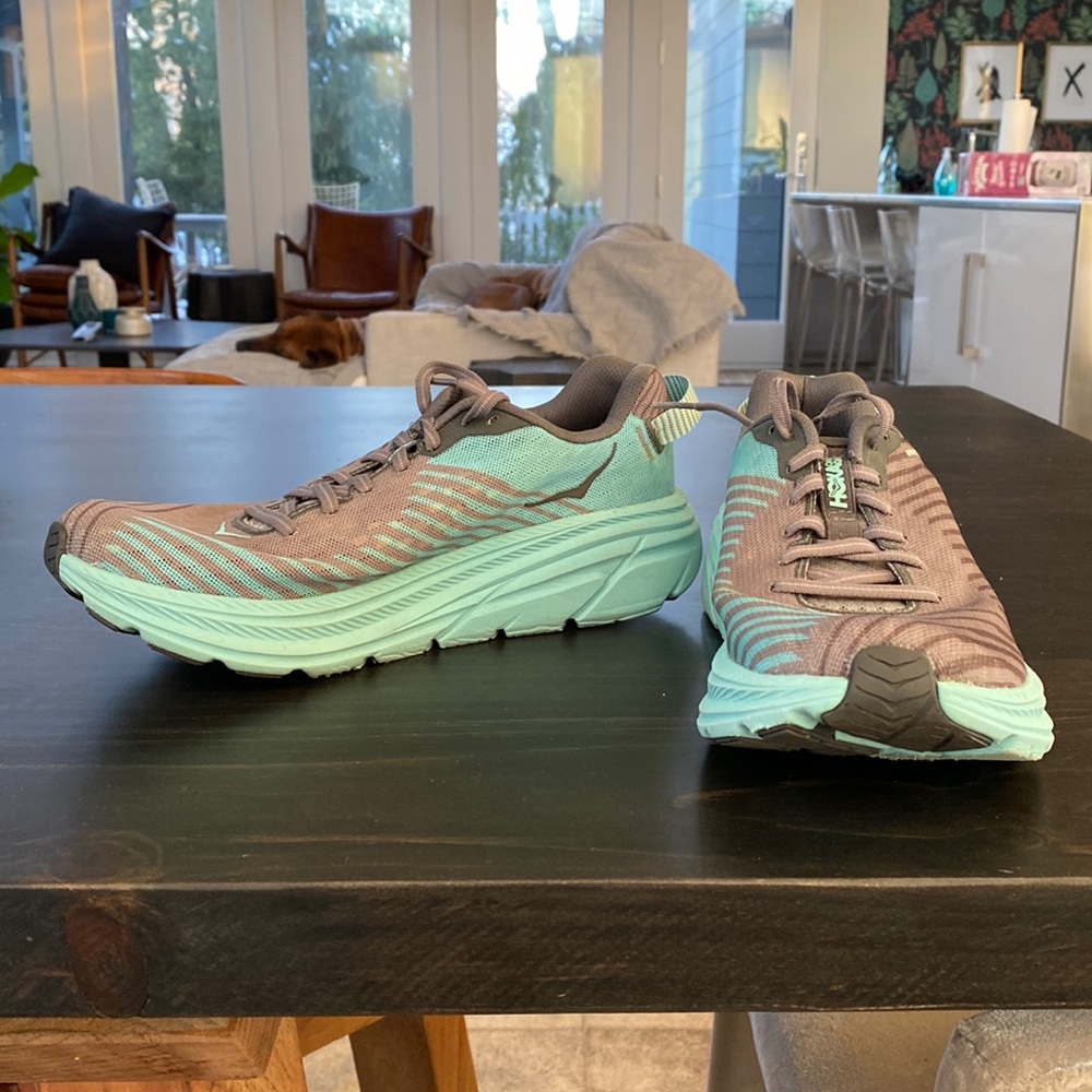 Hoka running shoes. Great cushioned shoe, responsive, and fast!